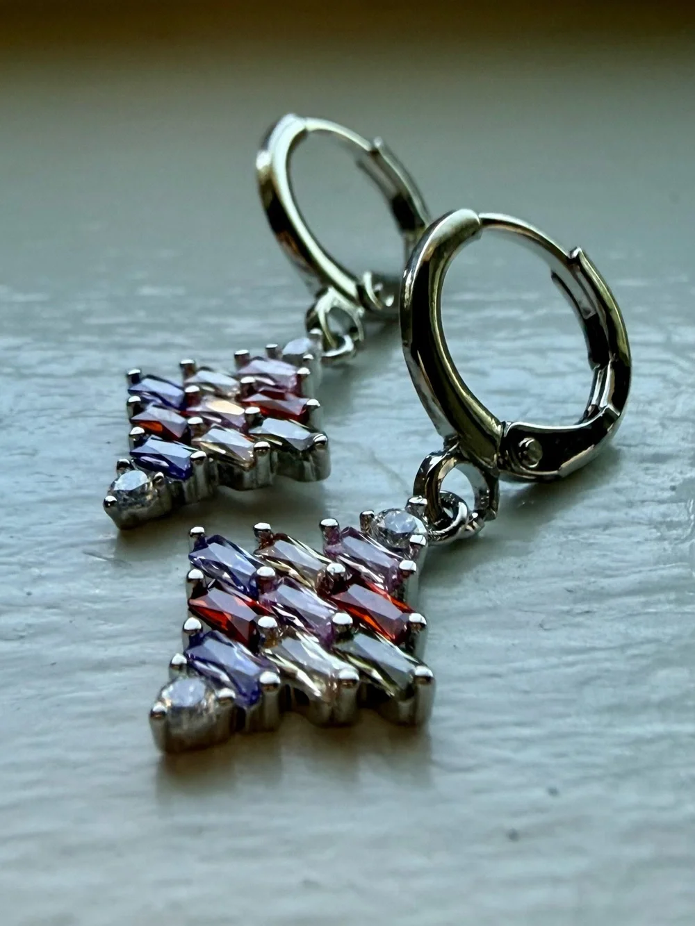 NEW! 14k White Gold Plated with Multicolored Crystal Drop Hoop Earrings